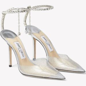 Jimmy Choo Saeda Glitter Plexi and Chain pumps. With box and dust bags.
